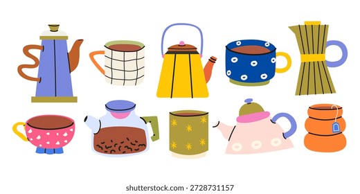 Modernas xícaras de cerâmica e chaleira para chá, matcha e café. Canecas de desenho animado, bule de chá decorado com elementos de design. Adesivos de porcelana para cozinha. Ilustração do vetor de bebidas
