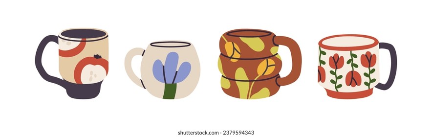 Modern ceramic cups set. Cute teacups, coffee and tea mugs. Crockery in creative trendy design style, flower and leaf drawings. Handmade pottery. Flat vector illustrations isolated on white background