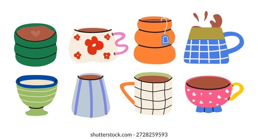 Modernas tazas de cerámica para té, matcha y café. Tazas doodle de dibujos animados decoradas con Elementos de diseño. Ceremonia de té, vajilla de porcelana. Ilustración vectorial de bebidas