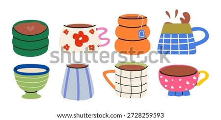 Modern ceramic cups set for tea, matcha and coffee. Cartoon doodle mugs decorated with design elements. Tea ceremony, porcelain tableware. Beverage vector illustration