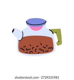 Moderna cerâmica e chaleira de vidro para chá, café. Bule de doodle de desenhos animados decorado com elementos de design. Adesivo de porcelana para utensílios de cozinha. Ilustração vetorial de bebida