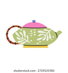 Moderna cerâmica e chaleira de vidro para chá, café. Bule de doodle de desenhos animados decorado com elementos de design. Adesivo de porcelana para utensílios de cozinha. Ilustração vetorial de bebida