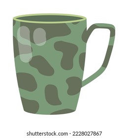 Modern ceramic mug with camouflage print cartoon illustration. Cute colorful cup with green pattern for coffee, tea, or matcha isolated on white background. Crockery for home or cafe, kitchen concept