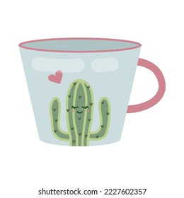 Mug cerámica moderna con ilustración de cactus alegres. Taza colorida con estampado de planta para café, té o matcha aislada en fondo blanco. La vajilla para casa o cafetería, concepto de cocina