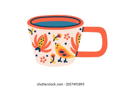 Modern ceramic tea cup. Porcelain coffee mug with floral pattern and handle. Trendy drink crockery in doodle style. Colored flat vector illustration of teacup isolated on white background.