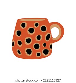 taza moderna de té de cerámica al estilo de las caricaturas. Café con pinturas de formas abstractas de moda. Graciosa vajilla para beber. Tapón con decoración de puntas de polka. Ilustración vectorial plana aislada en fondo blanco.