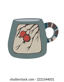 taza moderna de té de cerámica al estilo de las caricaturas. Café con pinturas de formas abstractas de moda. Graciosa vajilla para beber. El té con la decoración de la naturaleza. Ilustración vectorial plana aislada en fondo blanco.