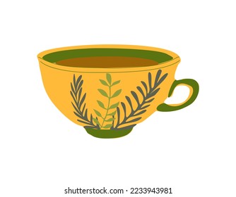 Moderner keramischer Teebeutel im Cartoon-Stil. Kaffeetasse mit angesagtem botanischem Gemälde. Funny Drink Geschirr. Teakup mit Pflanzenblättern grüne Dekoration. Flache Vektorgrafik einzeln auf weißem Hintergrund.