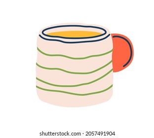 Modern ceramic tea mug in doodle style. Porcelain coffee cup with striped pattern and handle. Trendy stylish drink crockery. Flat vector illustration of tableware item isolated on white background.