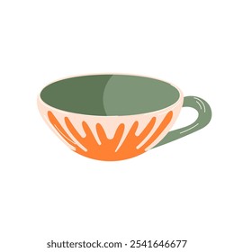 Modern ceramic tea mug in flat style. Porcelain coffee or tea cup with orange abstract ornament and green handle. Vector illustration of tableware isolated on white background.