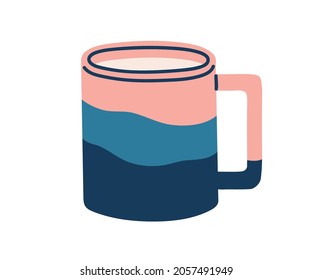 Modern ceramic tea mug. Porcelain coffee cup with abstract tricolor pattern and handle. Trendy drink crockery in doodle style. Flat vector illustration of tableware item isolated on white background.