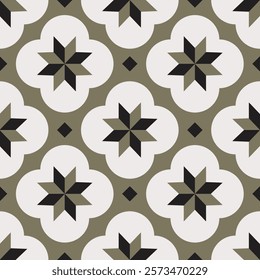 Modern  ceramic tile design featuring a seamless pattern composed of geometric shapes in green, black and white. Design for in home decor, fabric and textile, wallpaper, packaging design or any desire