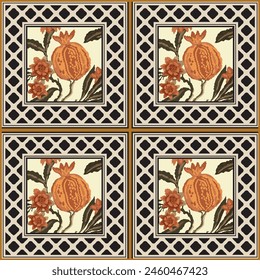 Modern Ceramic tile pattern.Design with  yellow pomegranate fruit on beige background.Hand drawn.These design is perfect for adding pattern to home decorative tile,concrete,textile,scarf,wallpaper.