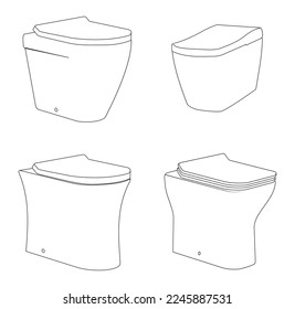 Modern ceramic toilet bowls without flush valve, vector line on white background
