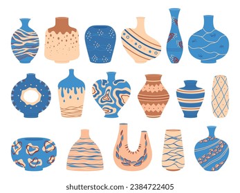 Modern ceramic vases. Clay and porcelain interior pottery. Decorative containers for flowers. Earthenware jug. Colorful amphora. Abstract blue pattern. Different shapes