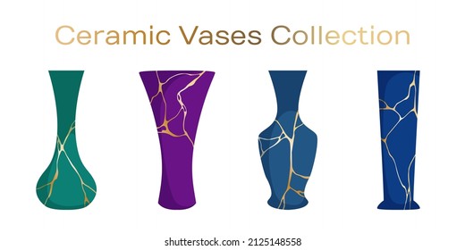 Modern ceramic vases vector collection. Japanese art of restoration broken pottery gold patterns on ceramic vases.  Interior decor pottery. Elegant jars illustration set.