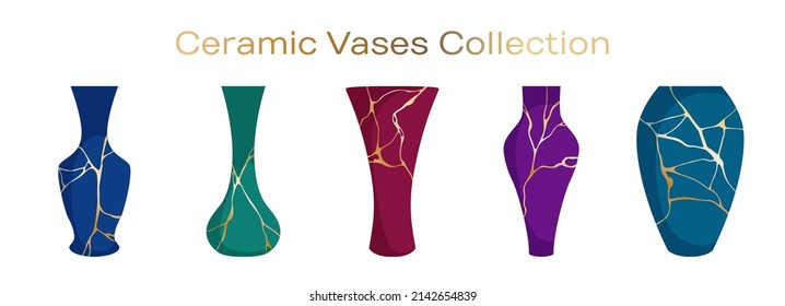 Modern ceramic vases vector collection. Pottery ceramic vases for flower ikebana with gold line kintsugi patterns. Home decor pottery. Stylish clay pots illustration set.