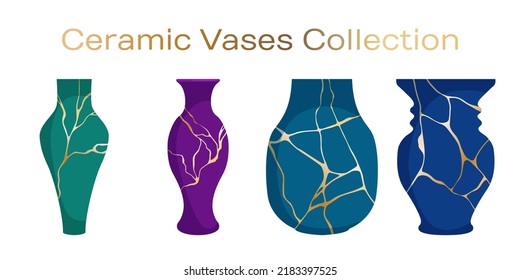Modern ceramic vases vector collection. Pottery ceramic vases for flower bouquets with broken line kintsugi patterns. Interior decor pottery. Elegant jars illustration set.