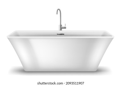 Modern Ceramic White Bathtub From Bathroom Interior With Faucet Isolated. Stylish Acrylic Bath Tub For Apartment, Hotel Or House. 3d Vector Illustration