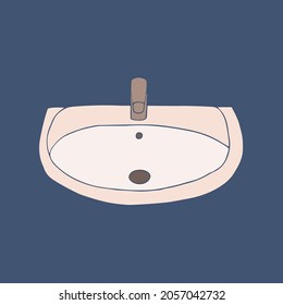 Modern ceramic white vessel sink on a white background. Stylish overhead sink for bathroom and kitchen design. Vector illustration in flat cartoon style.