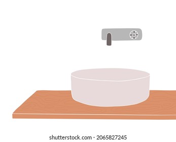 Modern Ceramic White Vessel Sink On A 
On A Wooden Tabletop. Stylish Overhead Sink For Bathroom And Kitchen Design. Vector Illustration In Flat Style With Empty Space