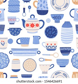 Modern ceramics flat vector seamless pattern. Handmade dinnerware background. Decorative tableware and utensils backdrop. Creative wallpaper, textile, wrapping paper design in cartoon style.