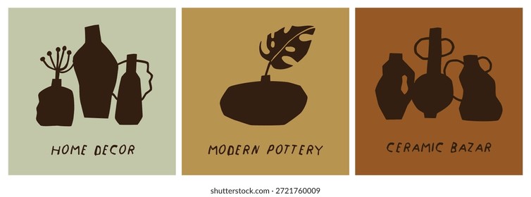 Cerámica moderna y cerámica, conjunto de diseños de tarjetas postales cuadradas. Floreros de cerámica con hojas, siluetas de forma irregular ásperas, vajilla hecha a mano, artesanía de loza. Ilustración vectorial plana