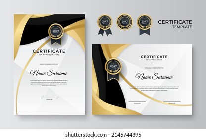 Moderna plantilla de borde de certificado de logro con placa de oro de lujo y patrón de línea moderno. Para las necesidades de premios, negocios y educación