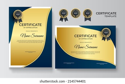 Modern certificate of achievement border template with luxury gold badge and modern line pattern. For award, business, and education needs