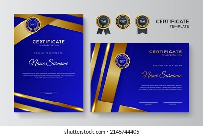 Modern certificate of achievement border template with luxury gold badge and modern line pattern. For award, business, and education needs