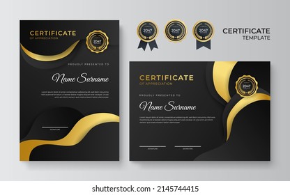 Modern certificate of achievement border template with luxury gold badge and modern line pattern. For award, business, and education needs