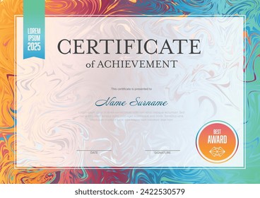 A modern certificate of achievement with colorful swirl designs and clear placeholders for personalization. Fresh Certificate print layout template.