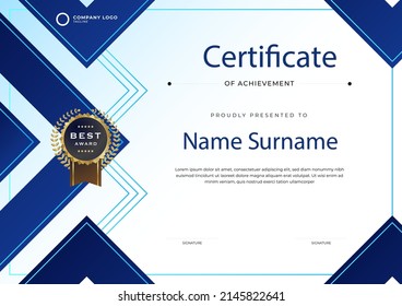 Modern certificate of achievement template in blue and white color