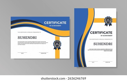 Modern Certificate of Achievement Template with Blue Yellow Border