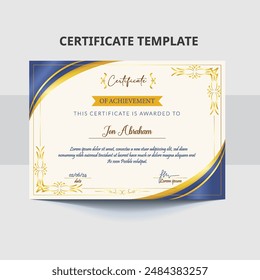 Diseño de Plantilla de certificado de logro moderno con degradado azul y Formas dibujadas a mano doradas. Certificado Horizontal para premios, negocios y necesidades educativas
