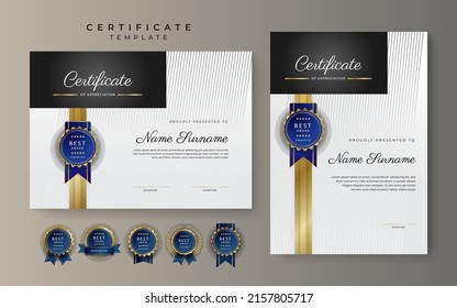 Moderne Vorlage für die Bescheinigung der Leistung mit eleganter, glänzender Gestaltung der goldfarbenen Abzeichen auf weißem Hintergrund