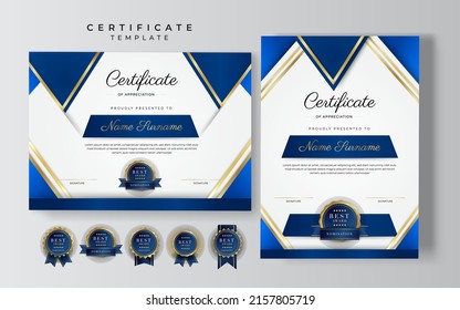 Modern certificate of achievement template with elegant shiny gold badges decoration on white background