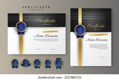 Modern certificate of achievement template with elegant shiny gold badges decoration on white background