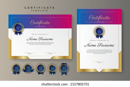 Modern certificate of achievement template with elegant shiny gold badges decoration on white background