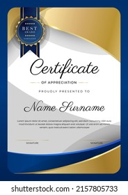 Modern certificate of achievement template with elegant shiny gold badges decoration on white background