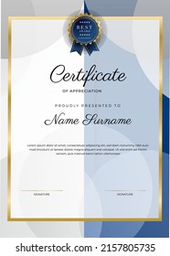 Modern certificate of achievement template with elegant shiny gold badges decoration on white background