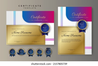 Modelo moderno de certificado de logro con elegantes insignias doradas brillantes decoración sobre fondo blanco