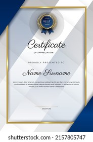 Modern certificate of achievement template with elegant shiny gold badges decoration on white background