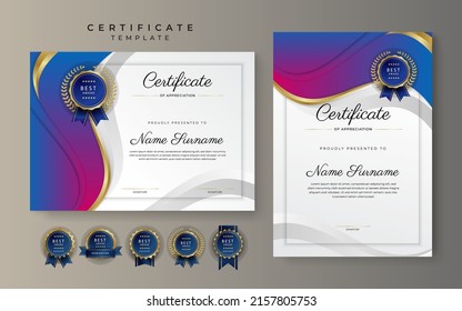 Modelo moderno de certificado de logro con elegantes insignias doradas brillantes decoración sobre fondo blanco