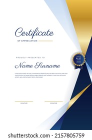 Modern certificate of achievement template with elegant shiny gold badges decoration on white background