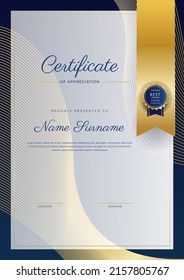 Modern certificate of achievement template with elegant shiny gold badges decoration on white background