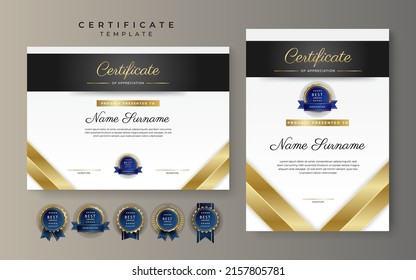 Modern certificate of achievement template with elegant shiny gold badges decoration on white background