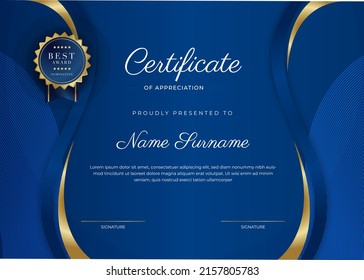 Modern certificate of achievement template with elegant shiny gold badges decoration on white background