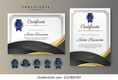 Modern certificate of achievement template with elegant shiny gold badges decoration on white background