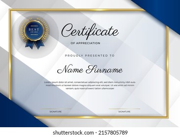 Modern certificate of achievement template with elegant shiny gold badges decoration on white background